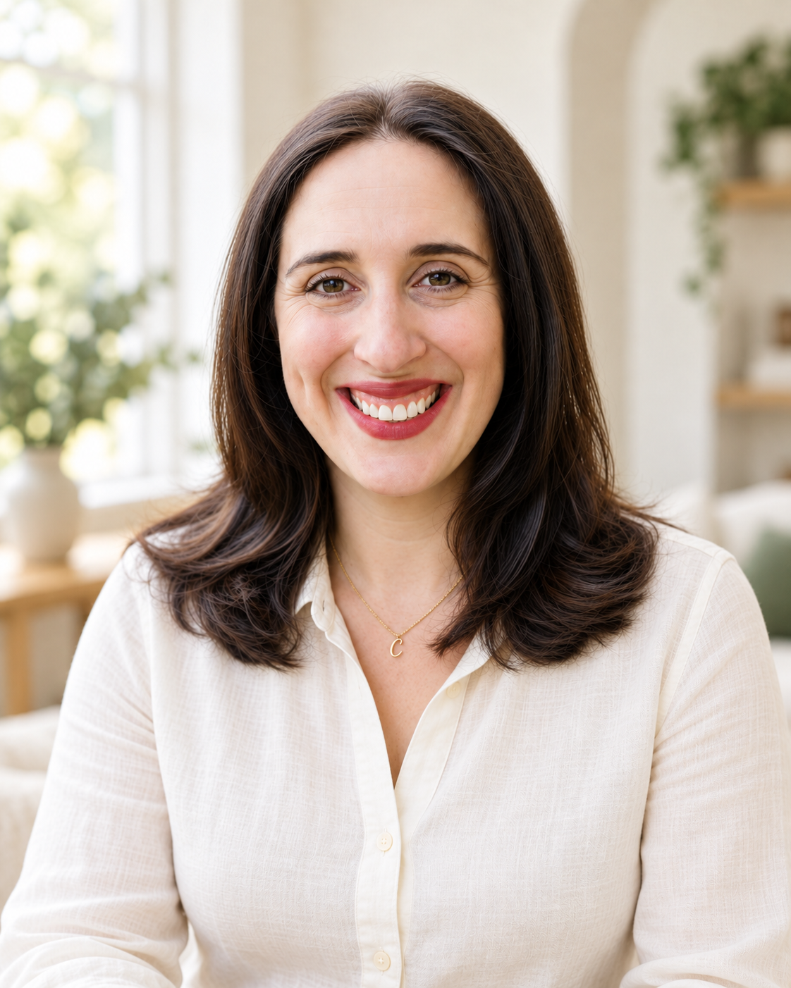 Chelsea Sammons smiling in an ivory linen blouse with a small gold C necklace