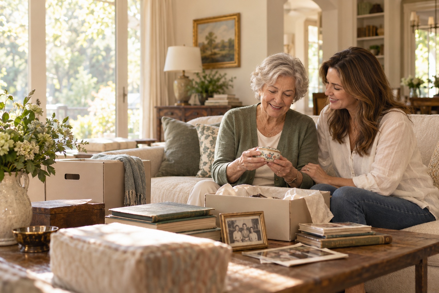An older woman and her adult daughter calmly sorting meaningful belongings together